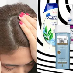 Jak pozbyć się łupieżu? Na zdjęciu widać skórę głowy z łupieżem i szampony przeciwłupieżowe: Head & Shoulders, Pirolam i Pharmaceris.