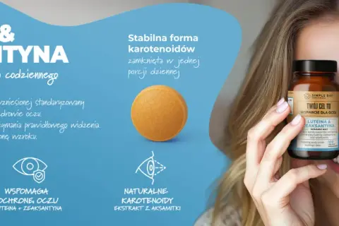 Uśmiechnięta kobieta trzyma suplement diety z luteiną i zeaksantyną, wspierający zdrowie oczu. Naturalny wybór dla komfortu wzroku.