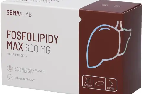 Opakowanie suplementu diety "Fosfolipidy MAX 600 mg" od SEMA LAB. Zawiera 600 mg fosfolipidów sojowych w porcji dziennej.