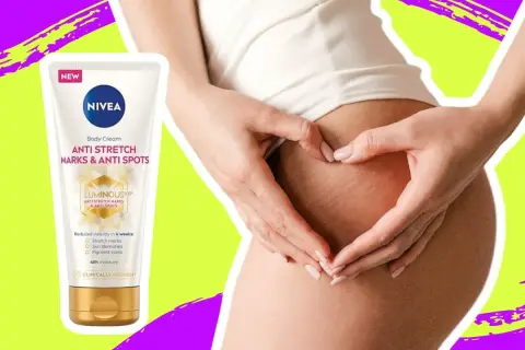 Krem Nivea Anti Stretch Marks & Anti Spots, który pomaga zredukować widoczność rozstępów.