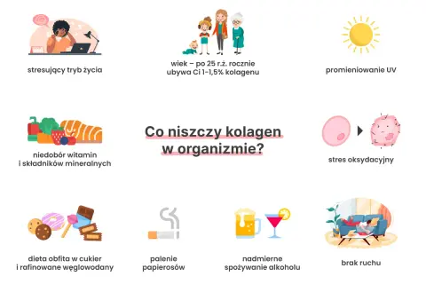 Stres, wiek, UV, niedobory, cukier, papierosy, alkohol i brak ruchu to czynniki, co niszczy kolagen w organizmie.