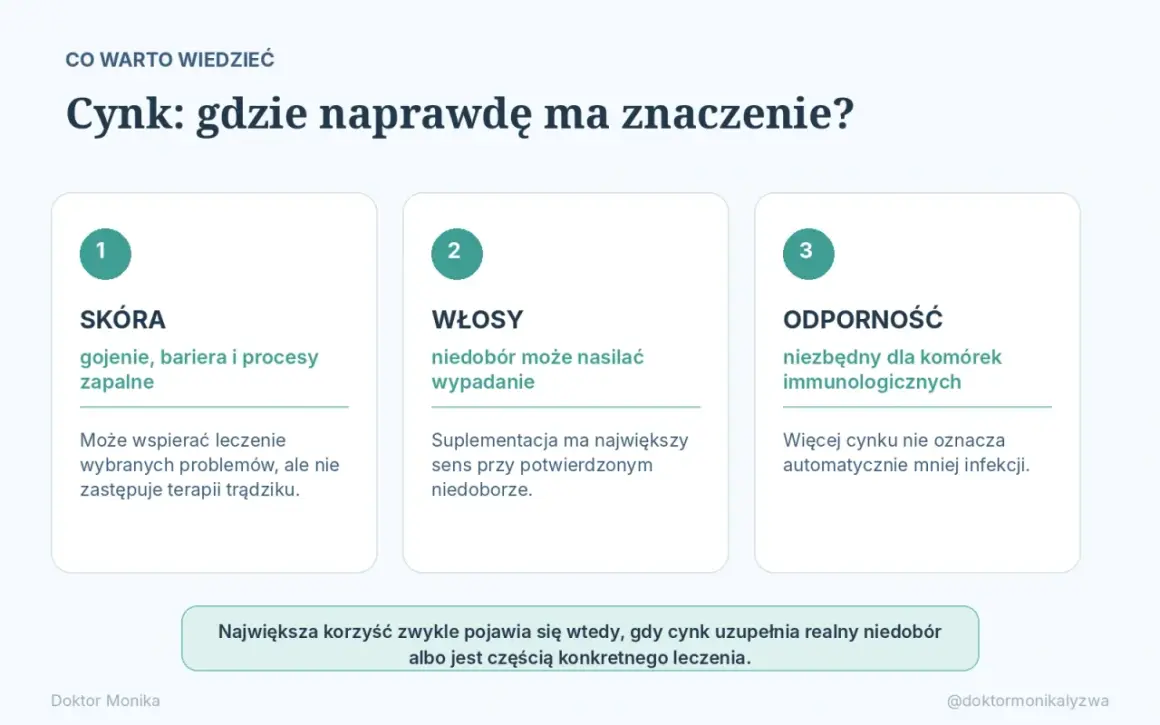 Cynk ma znaczenie dla skóry, włosów i odporności. Pomaga w gojeniu, zapobiega wypadaniu włosów i jest niezbędny dla komórek immunologicznych.