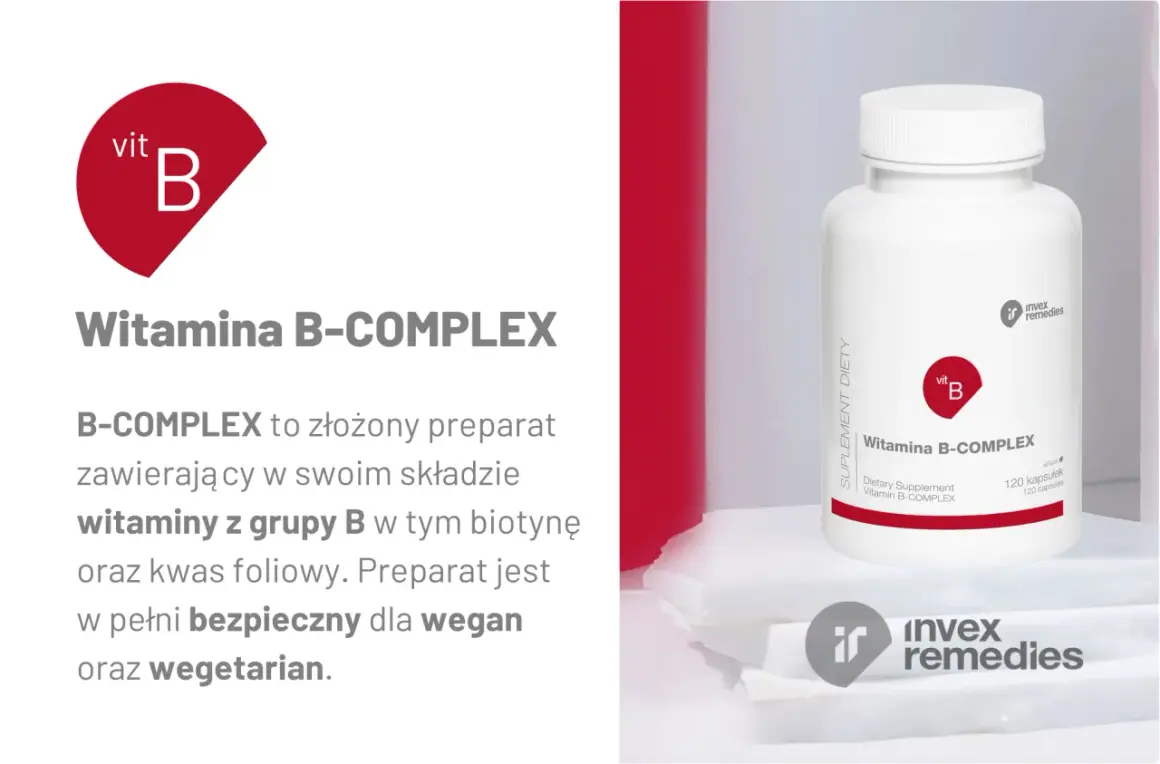 Suplement diety Witamina B-COMPLEX w kapsułkach, bezpieczny dla wegan i wegetarian.