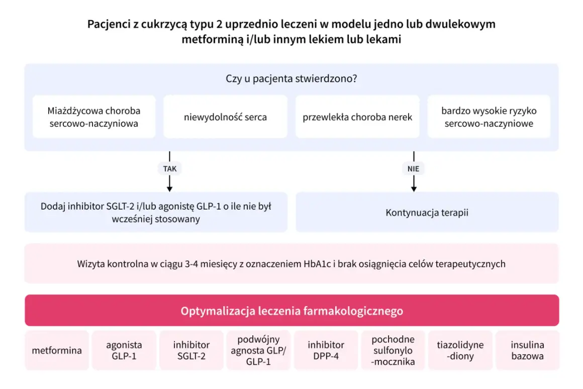Schemat leczenia cukrzycy typu 2. Decyzje oparte na chorobach sercowo-naczyniowych, niewydolności serca, chorobach nerek i ryzyku sercowo-naczyniowym.