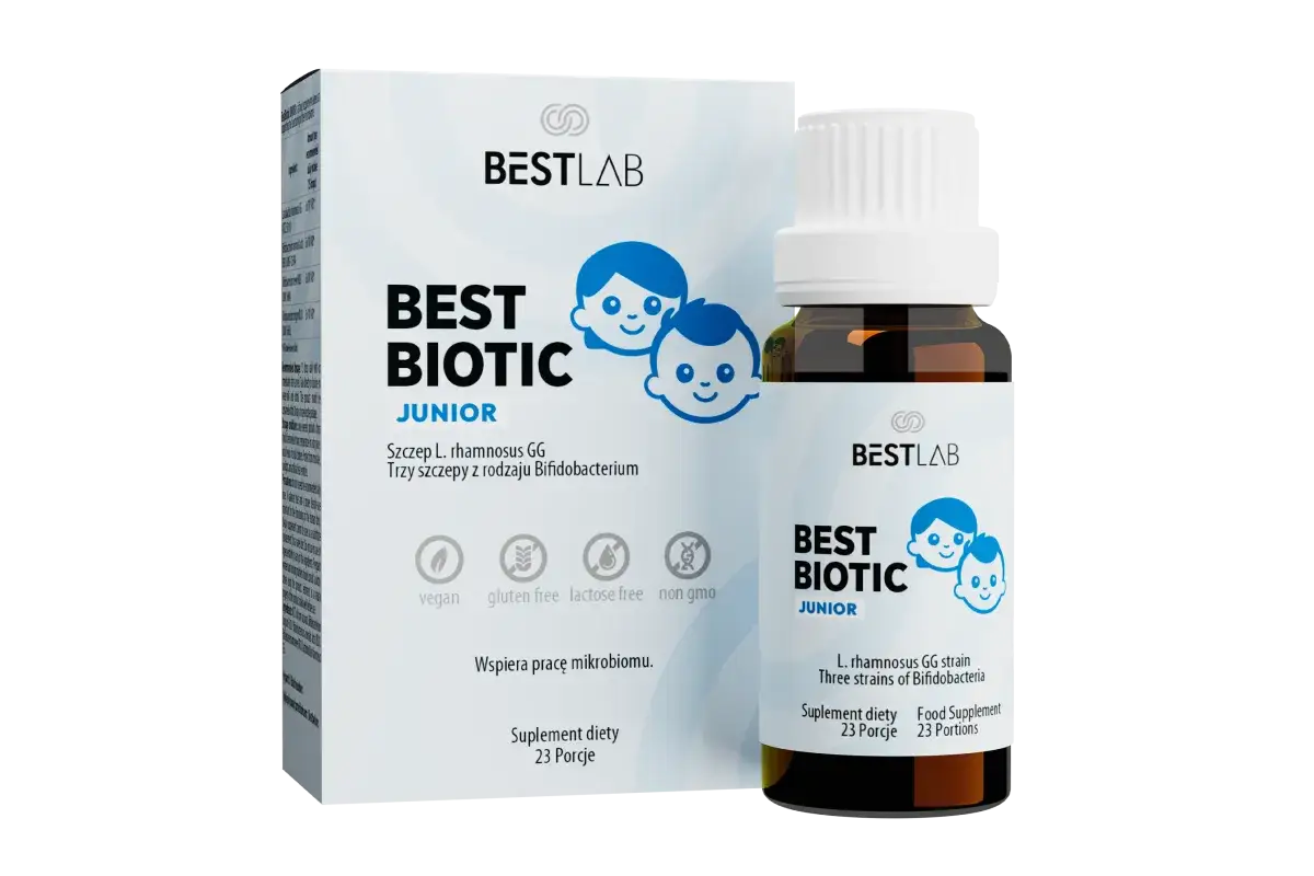 Probiotyk na zaparcia dla dzieci Best Biotic Junior. Wspiera pracę mikrobiomu, zawiera szczep L. rhamnosus GG. Bez glutenu i laktozy.